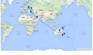 Mapa lotów z Europy do Australii. Zastanawiasz się, ile leci się do Australii? Ta trasa pokazuje wiele przystanków.