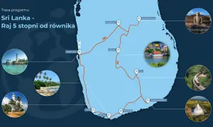 Mapa pokazuje, gdzie leży Sri Lanka, z zaznaczoną trasą podróży przez wyspę, od Negombo po Mirissę i Ella.