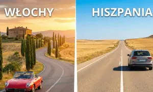 Włochy czy Hiszpania na wakacje? Po lewej Toskania z cyprysami i czerwoną Alfą Romeo, po prawej hiszpańska droga z bykiem na wzgórzu.