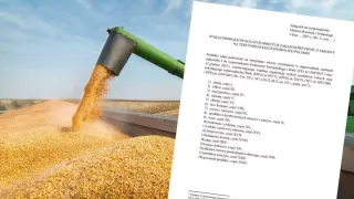 Zboże z kombajnu i dokument o tym, co można przywieźć z Ukrainy: zboża, cukier, owoce, warzywa, wino, miód.