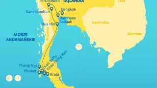Mapa Tajlandii pokazuje, gdzie leży Bangkok, wraz z trasą przez Kanchanaburi, Hua Hin, Damnoen Saduak, a także wyspy takie jak Phuket i Krabi nad Morzem Andamańskim.