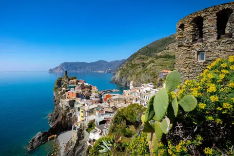 Kolorowe domy Cinque Terre wznoszą się na klifie nad turkusowym morzem. W oddali widać góry, a na pierwszym planie kaktus i żółte kwiaty.