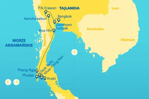 Mapa Tajlandii pokazuje, gdzie leży Bangkok, wraz z trasą przez Kanchanaburi, Hua Hin, Damnoen Saduak, a także wyspy takie jak Phuket i Krabi nad Morzem Andamańskim.