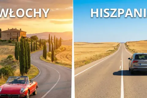 Włochy czy Hiszpania na wakacje? Po lewej Toskania z cyprysami i czerwoną Alfą Romeo, po prawej hiszpańska droga z bykiem na wzgórzu.