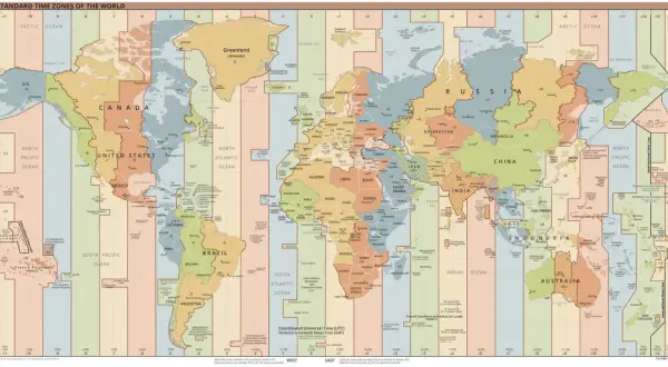 Mapa stref czasowych świata. Tajlandia znajduje się w strefie UTC+7, co oznacza, że nie ma tam zmiany czasu.