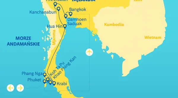 Mapa Tajlandii pokazuje, gdzie leży Bangkok, wraz z trasą przez Kanchanaburi, Hua Hin, Damnoen Saduak, a także wyspy takie jak Phuket i Krabi nad Morzem Andamańskim.