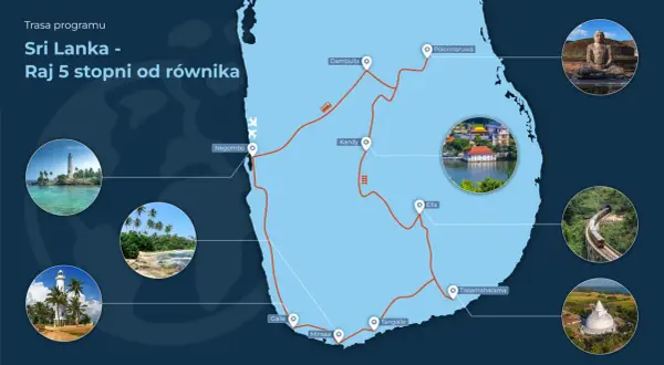 Mapa pokazuje, gdzie leży Sri Lanka, z zaznaczoną trasą podróży przez wyspę, od Negombo po Mirissę i Ella.