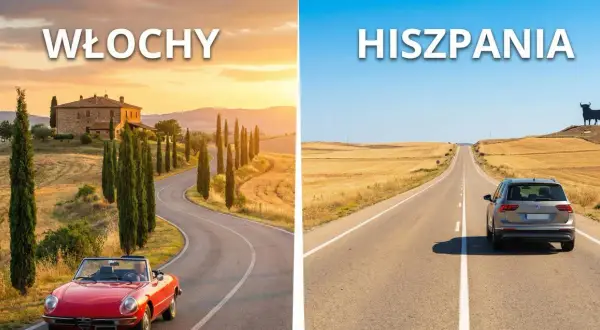 Włochy czy Hiszpania na wakacje? Po lewej Toskania z cyprysami i czerwoną Alfą Romeo, po prawej hiszpańska droga z bykiem na wzgórzu.