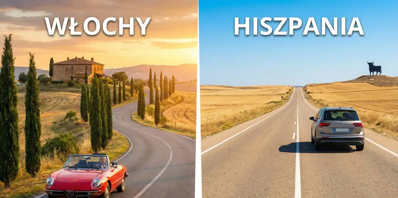 Włochy czy Hiszpania na wakacje? Po lewej Toskania z cyprysami i czerwoną Alfą Romeo, po prawej hiszpańska droga z bykiem na wzgórzu.