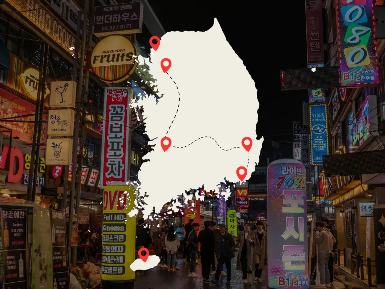 Mapa Korei Południowej z zaznaczonymi punktami, nad neonowym miastem. Zastanawiasz się, ile kosztuje wyjazd do Korei Południowej?