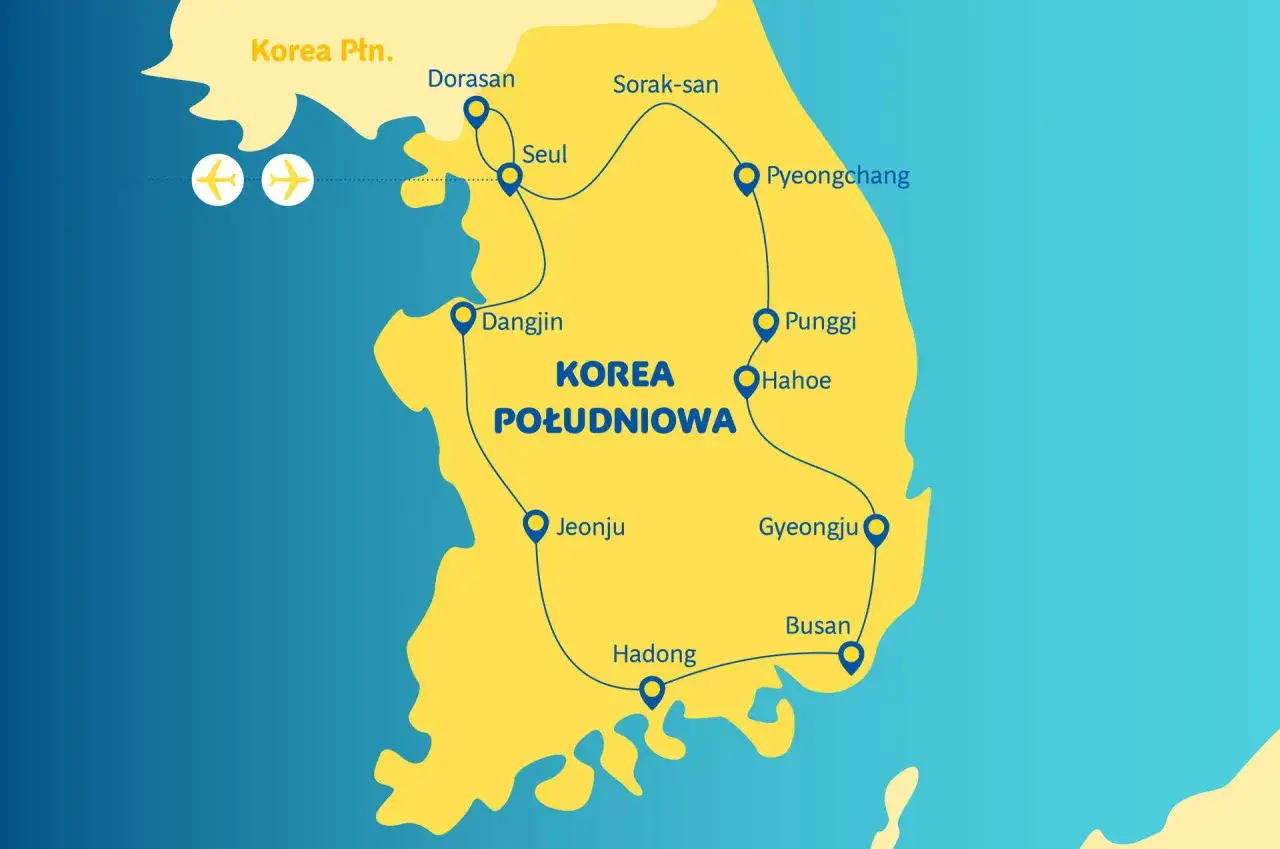 Mapa Korei Południowej z zaznaczonymi miastami: Seul, Pjongczang, Punggi, Hahoe, Gyeongju, Busan, Hadong, Jeonju, Dangjin, Dorasan. Planujesz podróż? Sprawdź, ile kosztuje wyjazd do Korei Południowej!
