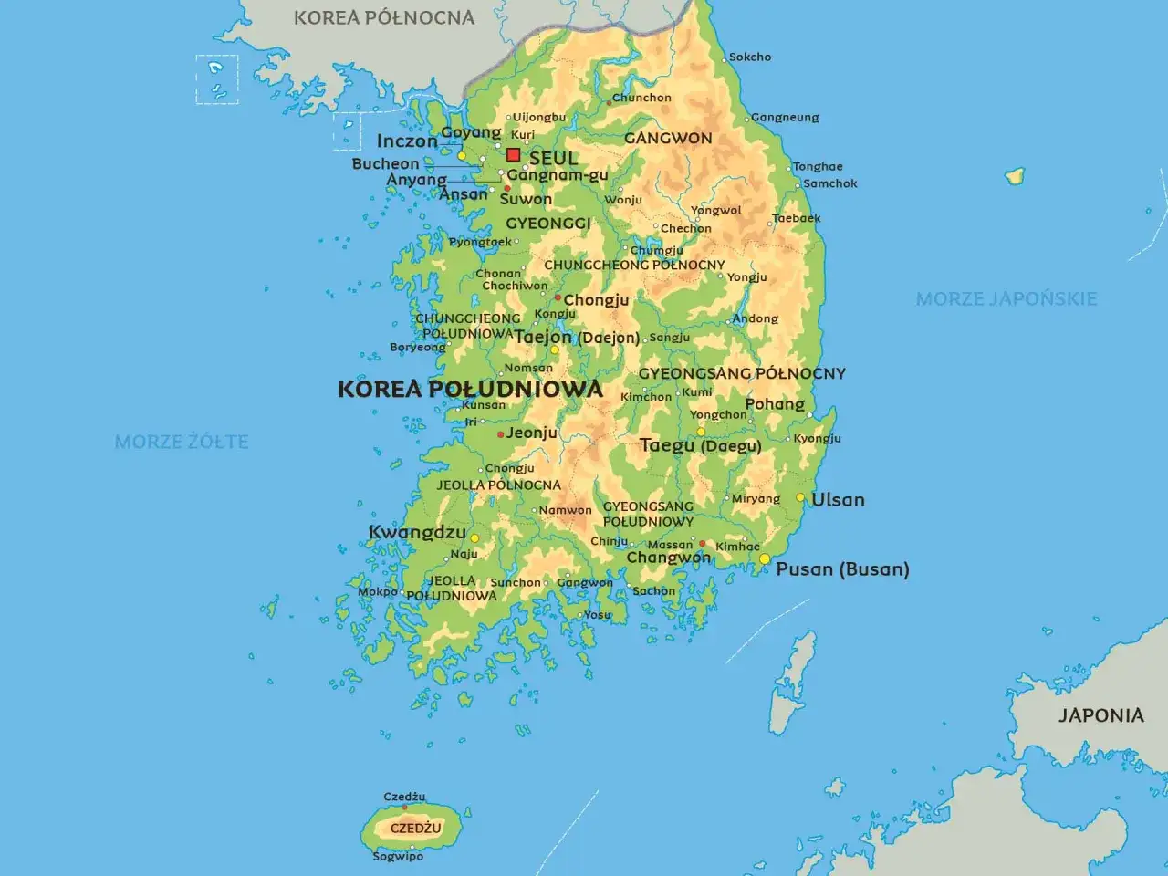 Mapa Korei Południowej z zaznaczonymi miastami jak Seul, Pusan, Taegu. Planujesz podróż? Sprawdź, ile kosztuje wyjazd do Korei Południowej.