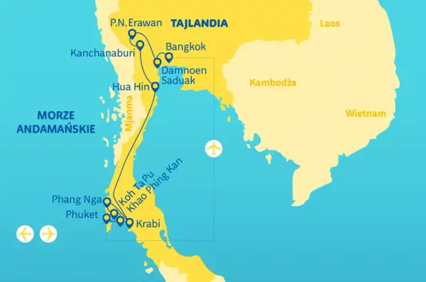 Mapa Tajlandii pokazuje, gdzie leży Bangkok, wraz z trasą przez Kanchanaburi, Hua Hin, Damnoen Saduak, a także wyspy takie jak Phuket i Krabi nad Morzem Andamańskim.