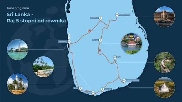Mapa pokazuje, gdzie leży Sri Lanka, z zaznaczoną trasą podróży przez wyspę, od Negombo po Mirissę i Ella.